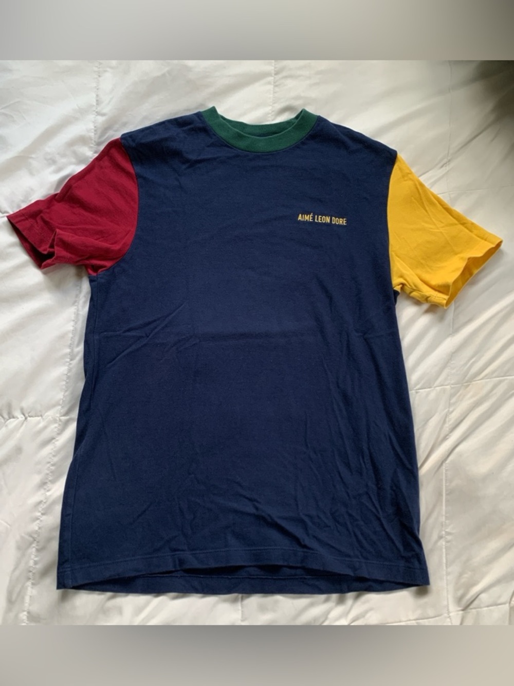 Aime Leon Dore Navy T-Shirt with Red and Yellow Sleeves